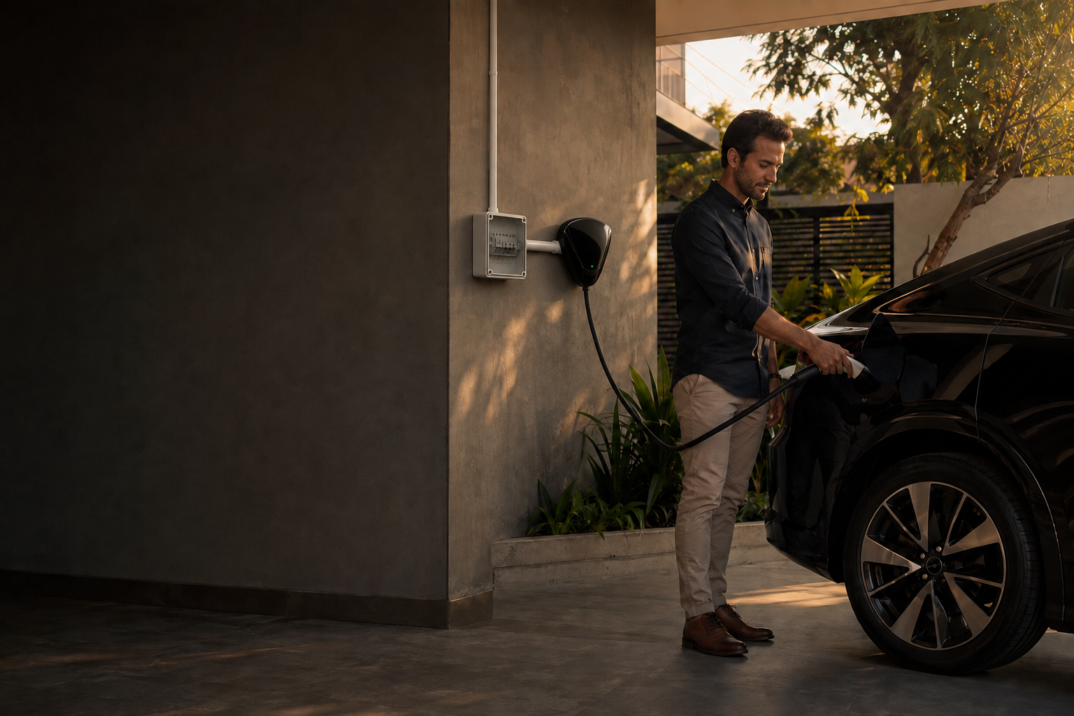 Cliente conectando carro elétrico ao carregador residencial