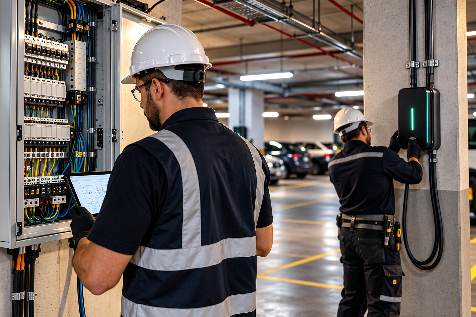 Equipe realizando levantamento técnico e instalação de carregador em estacionamento