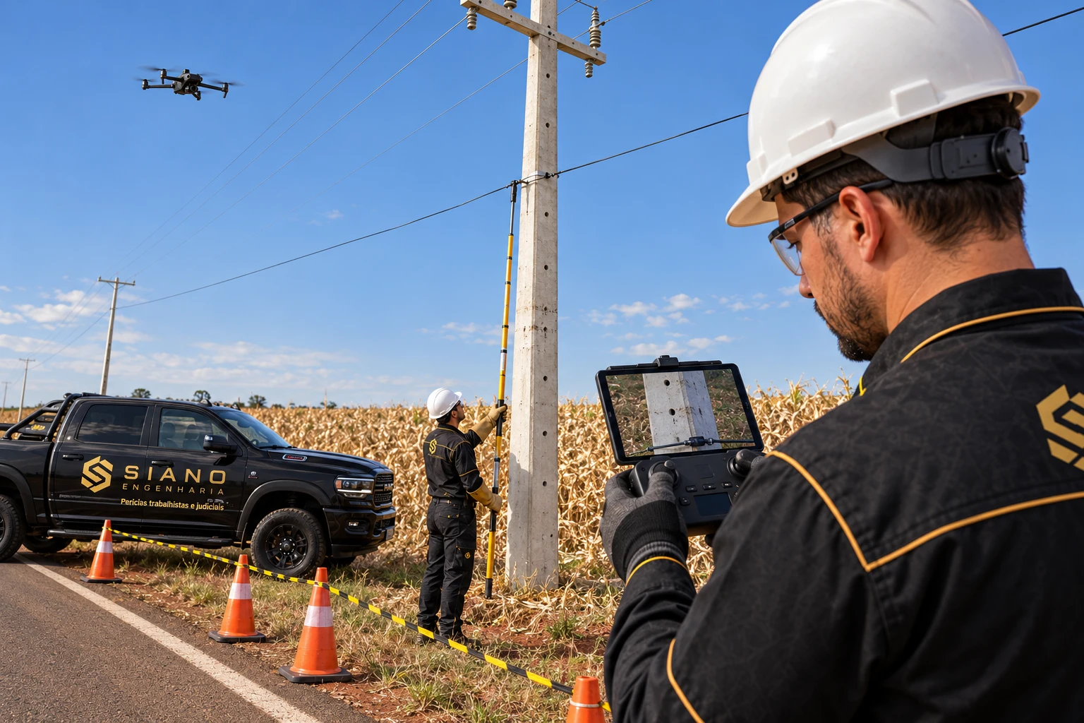 Cena ilustrativa de engenheiro operando drone com tela de inspeção do poste, auxiliar medindo altura do cabo e caminhonete preta da Siano Engenharia em área sinalizada