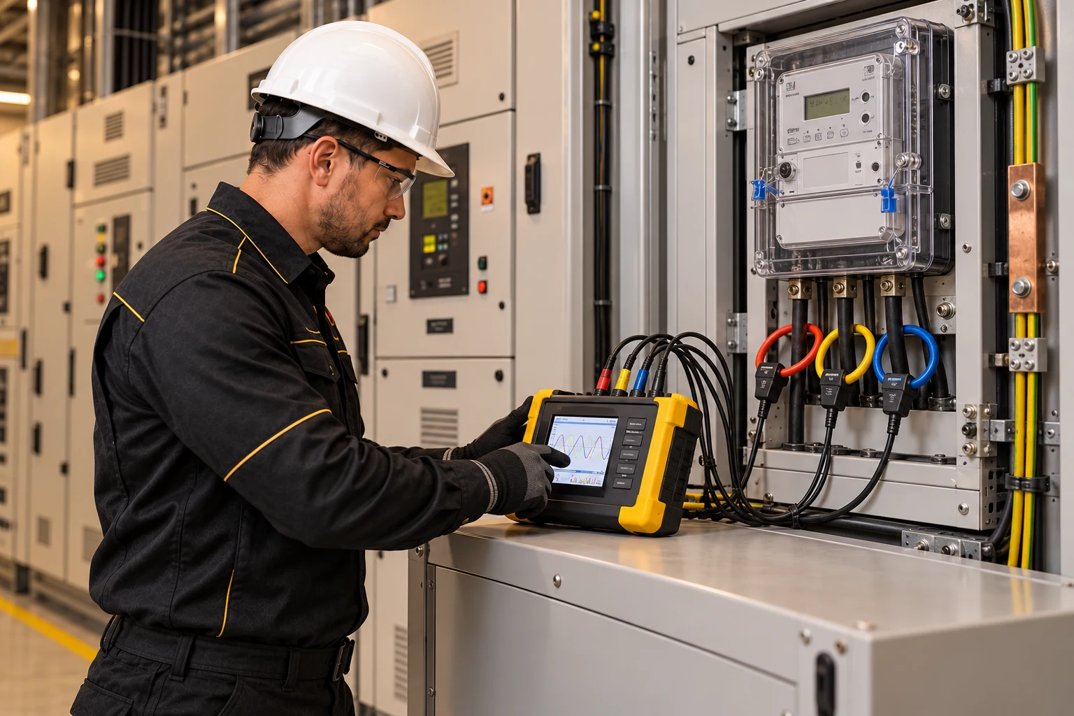 Cena ilustrativa de engenheiro analisando dados de energia com instrumento portátil junto a medidor industrial