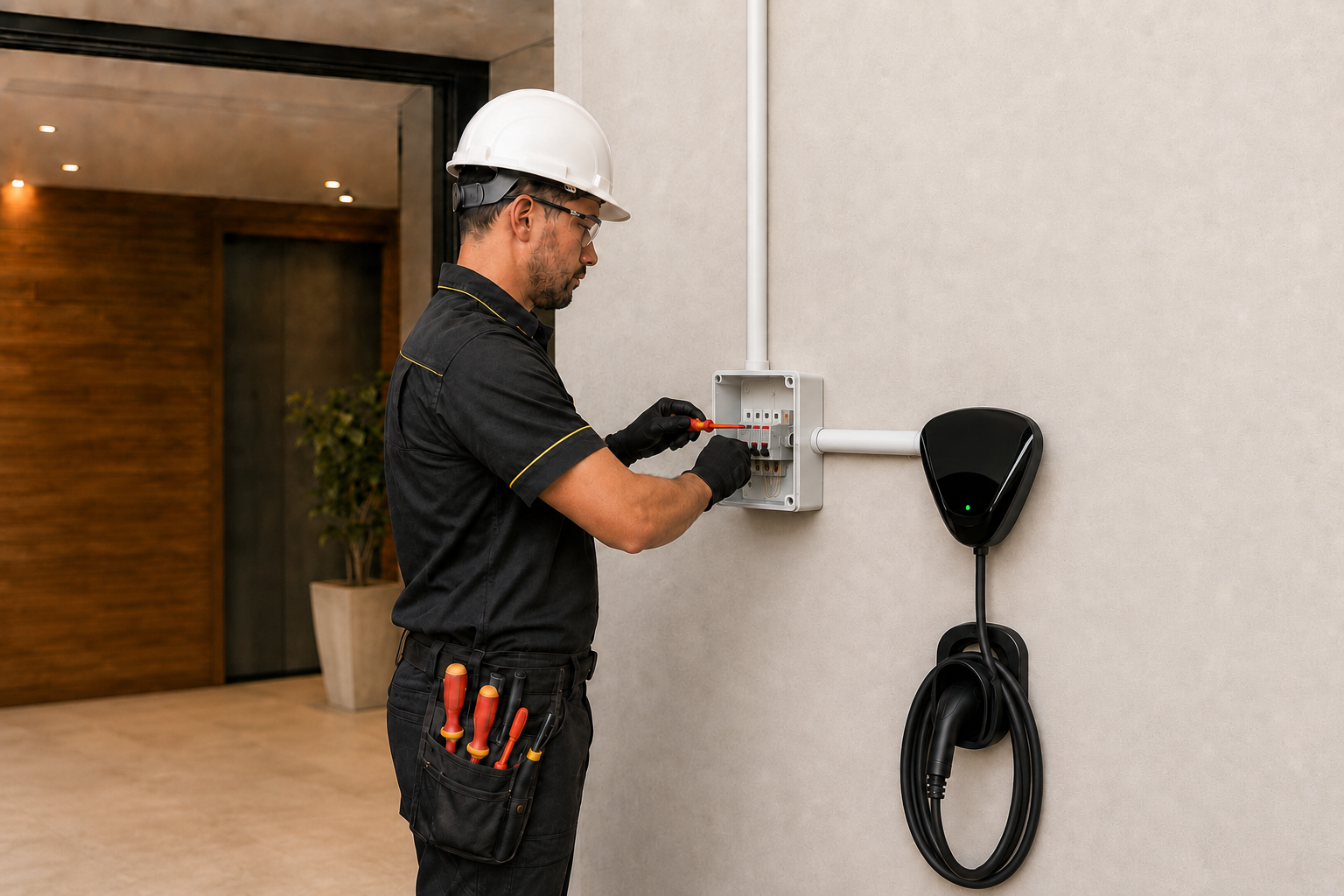 Técnico instalando wallbox residencial com quadro compacto de proteção